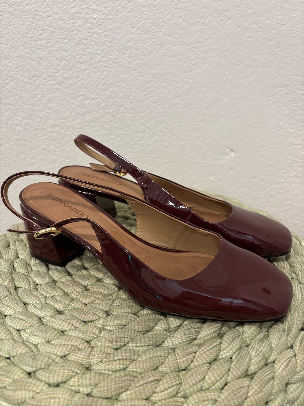 Bernardo Alexia Deep Burgundy Patent Leather Slingback Block Heel Pumps